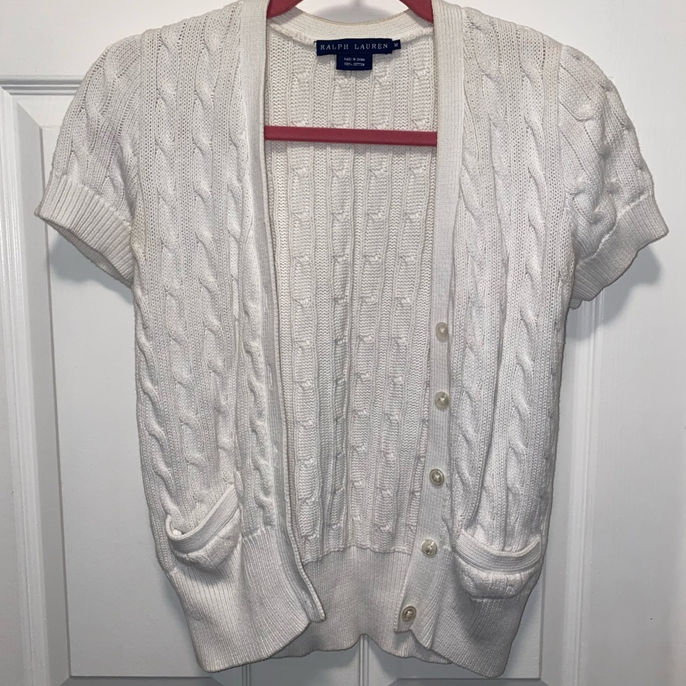 Ralph Lauren Women’s Cable Knit Short Sleeve White Cardigan
